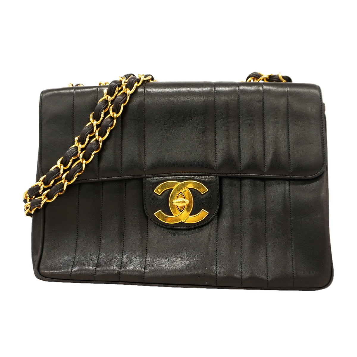 ★SALE【6ka0211】シャネル ショルダーバッグ マドモアゼル Wチェーン ラムスキン ブラック ゴールド金具【中古】レディース