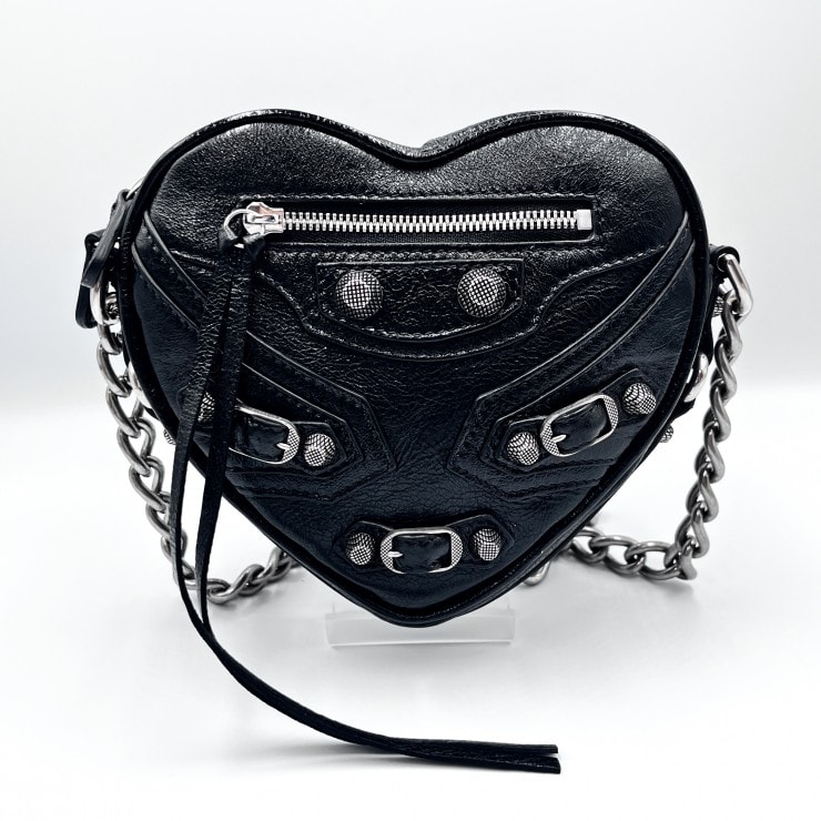 BALENCIAGA(バレンシアガ)ル・カゴール ハート チェーンショルダーバッグ レディース ブラック レザー シルバー金具 ミニバッグ 【中古】