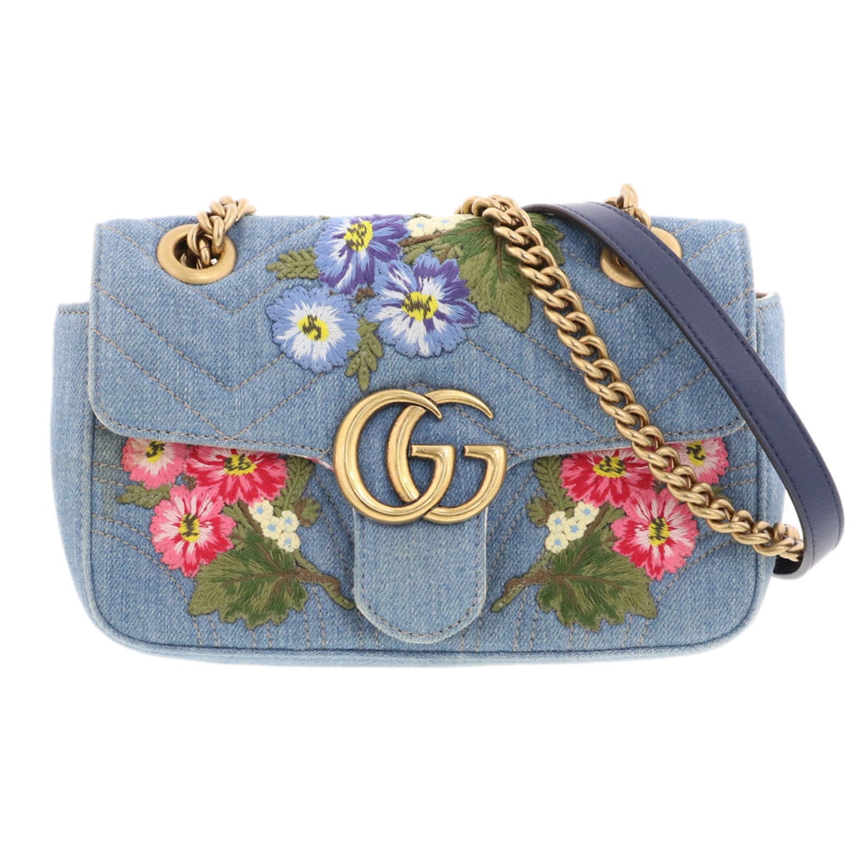 GUCCI グッチ GGマーモント ショルダーバッグ日本限定 446744 デニム フラワー刺繍 インディゴ ゴールド金具 レディース【中古】