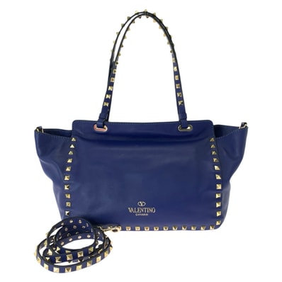 VALENTINO ヴァレンティノ ロックスタッズ 2way ブルー ゴールド金具 レザー トートバッグ ショルダーバッグ 1-0287693 【中古】