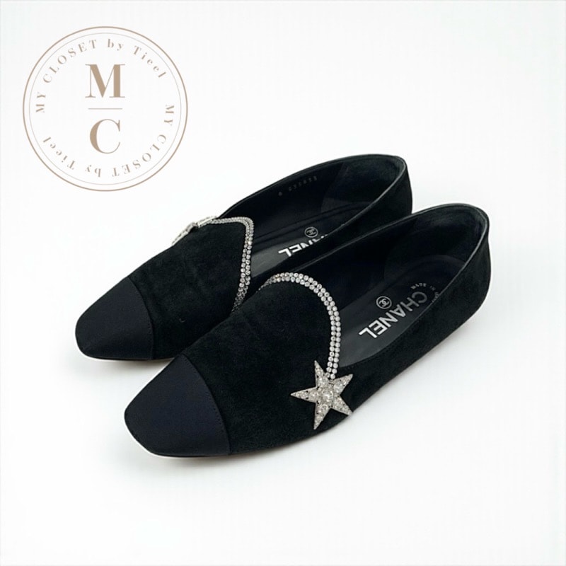 シャネル CHANEL フラットシューズ 靴 シューズ スエード ファブリック ブラック 黒 オペラシューズ スター ビジュー ラインストーン