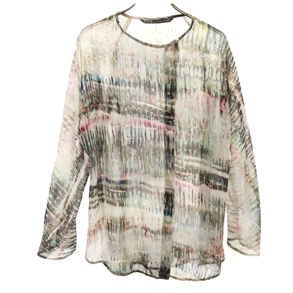美品 ZARA BASIC ザラベーシック スペイン製 総柄 長袖 ブラウス M グレージュ シャツ