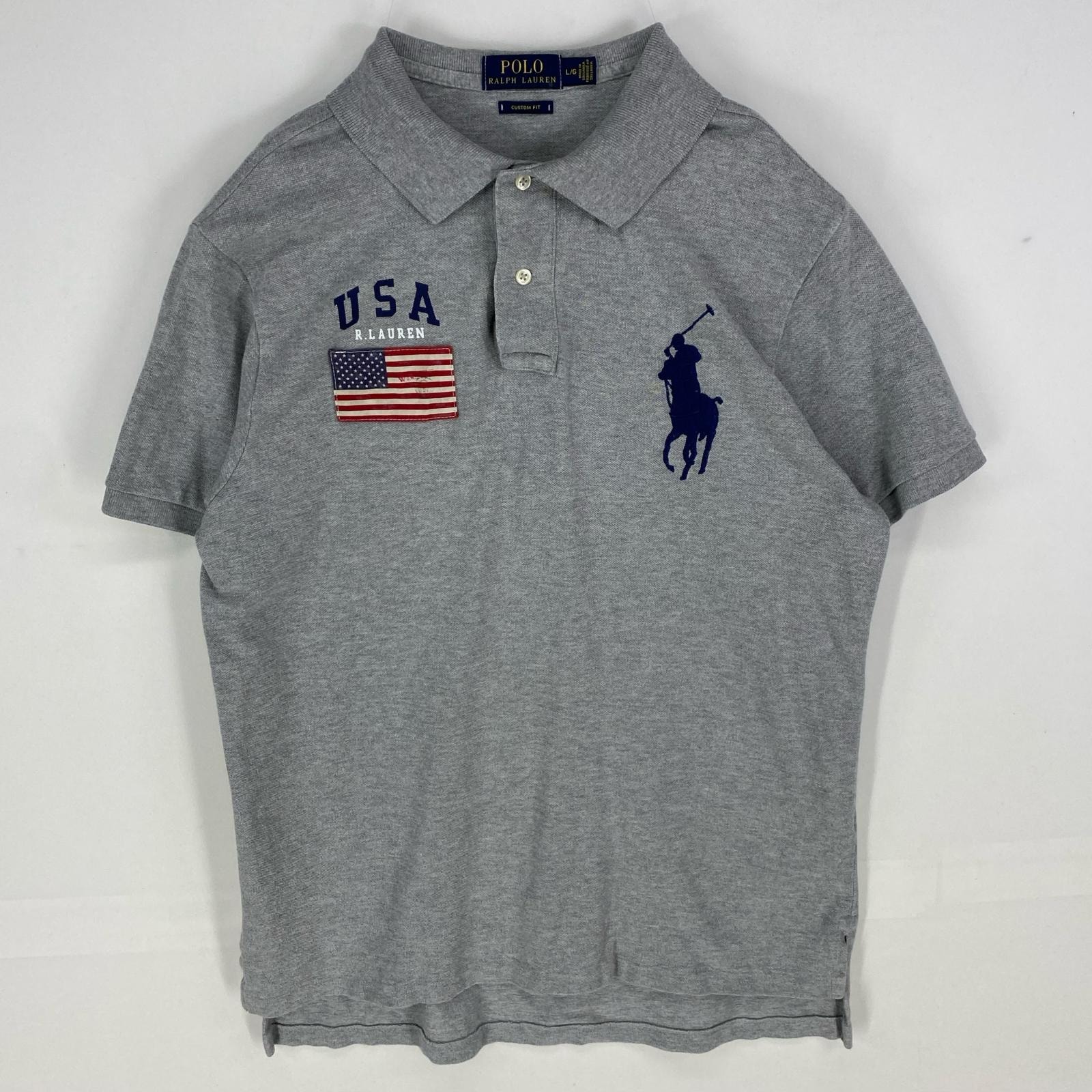 古着 ポロ・ラルフローレン POLO RALPH LAUREN 鹿の子 半袖シャツ 刺繍デザイン ポニー ポロシャツ L  グレー系 メンズ