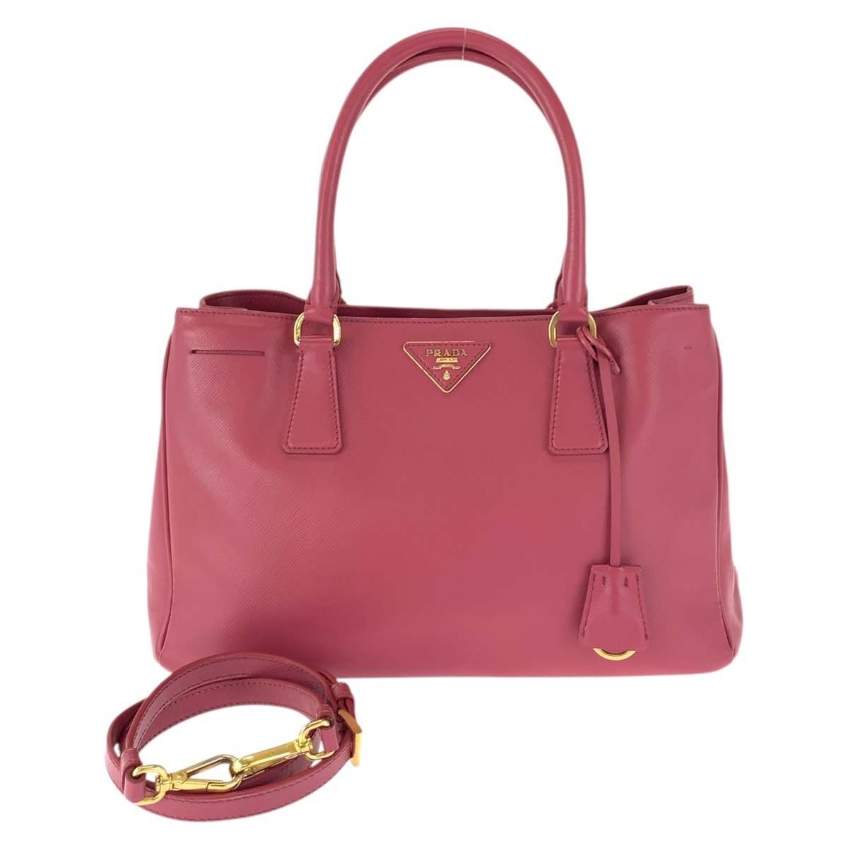 美品 PRADA プラダ サフィアーノ ガレリア 三角ロゴプレート 2way ピンク ゴールド金具 レザー ショルダーバッグ トートバッグ 601561 【中古】
