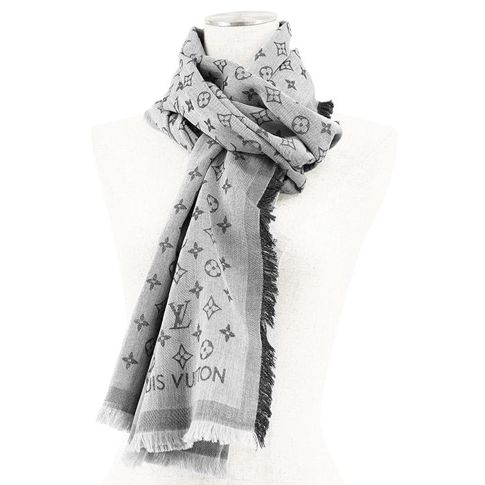 【極美品】LOUIS VUITTON ルイ・ヴィトン ストール メンズ レディース ユニセックス M71619 シグネチャー LV モノグラム エッセンシャル ジャガード コットン100% フリンジ 大判 小物 グレー ブラック 灰色 黒 イタリア製