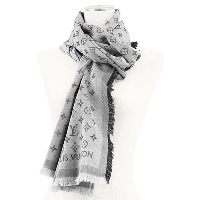 【極美品】LOUIS VUITTON ルイ・ヴィトン ストール メンズ レディース ユニセックス M71619 シグネチャー LV モノグラム エッセンシャル ジャガード コットン100% フリンジ 大判 小物 グレー ブラック 灰色 黒 イタリア製