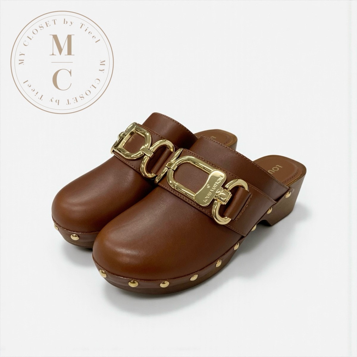 ルイヴィトン LOUIS VUITTON コテージライン サンダル 靴 シューズ レザー ブラウン ゴールド ロゴ スタッズ サボ ミュール