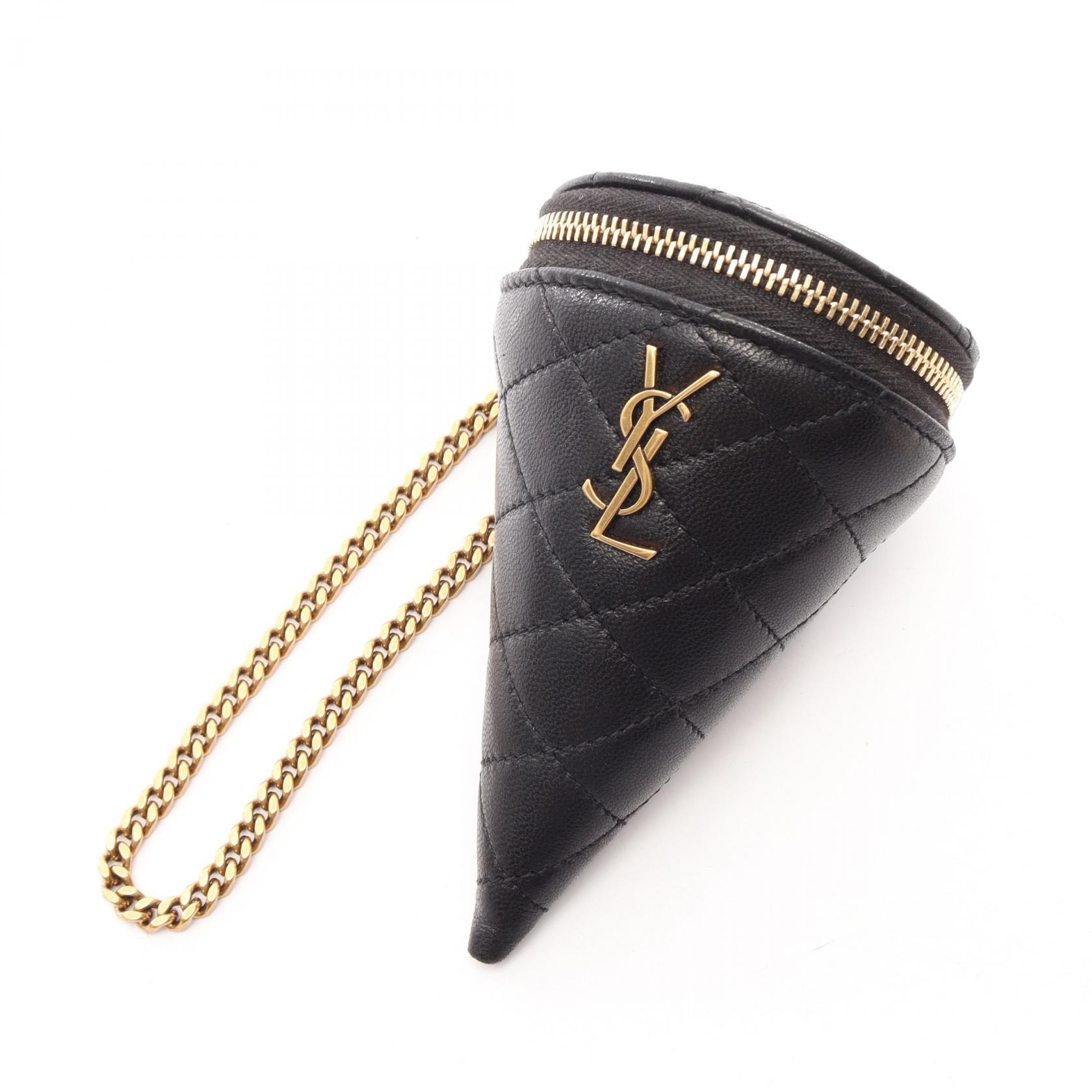 サンローランパリ SAINT LAURENT PARIS マイクロ コーンポーチ チャーム アクセサリー レザー レディース ブラック系 【中古】