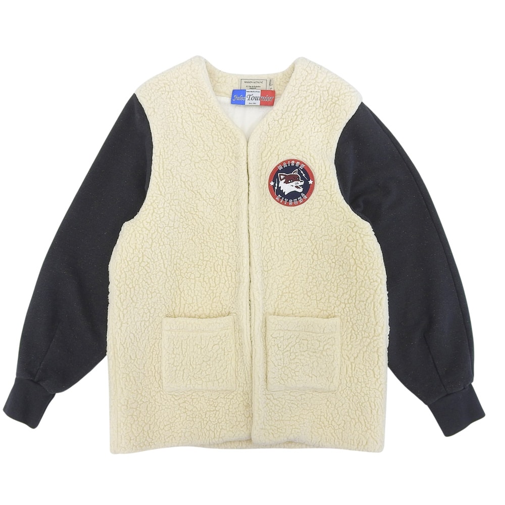 メゾンキツネ ネイビー×ベージュ ボア切り替え ノーカラー ブルゾン ジャケット レディース S S