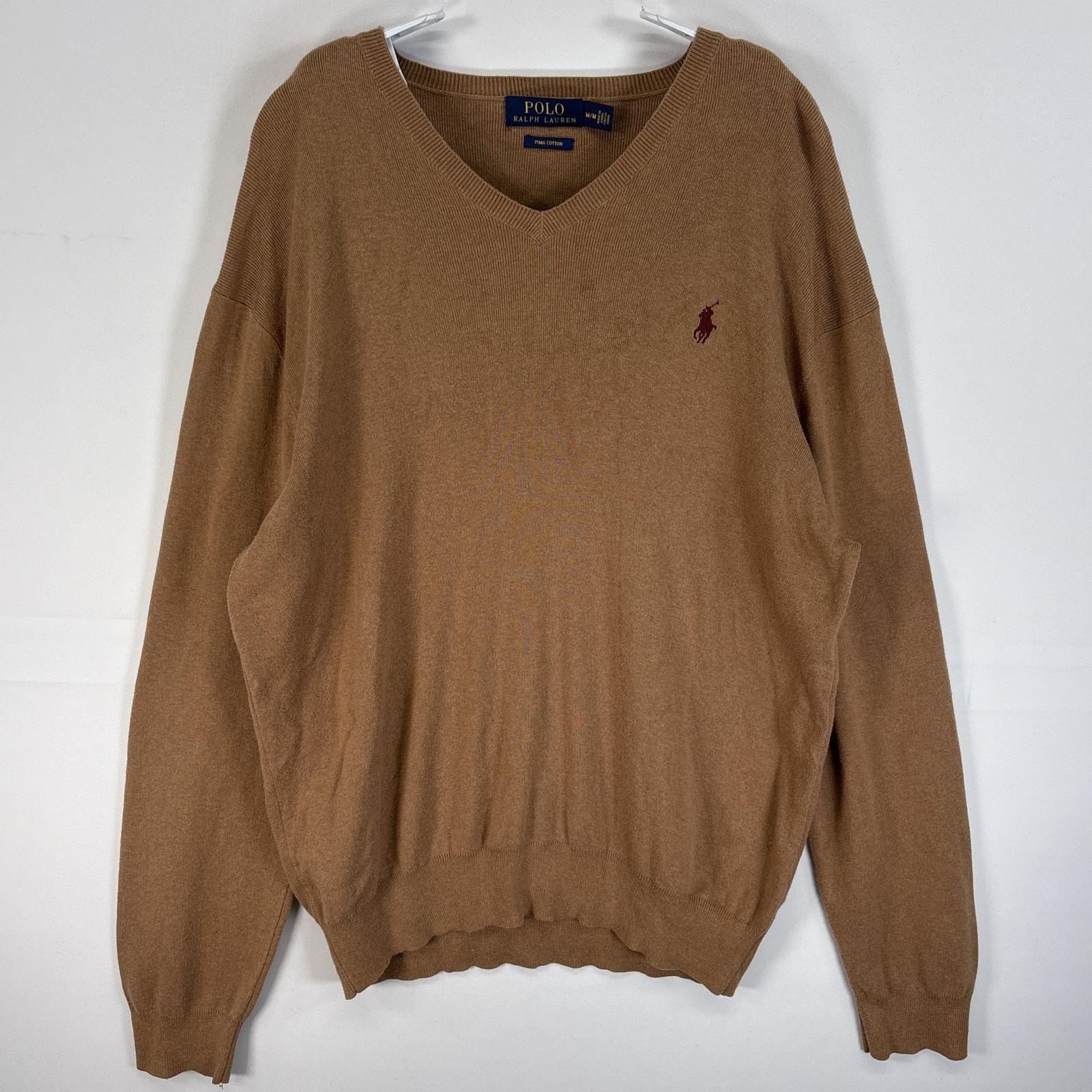 古着 ポロ・ラルフローレン POLO RALPH LAUREN 長袖 セーター ロゴ 刺繍 Vネック M  ブラウン 無地 メンズ