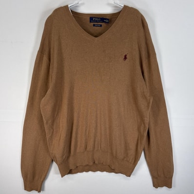 古着 ポロ・ラルフローレン POLO RALPH LAUREN 長袖 セーター ロゴ 刺繍 Vネック M ブラウン 無地 メンズ