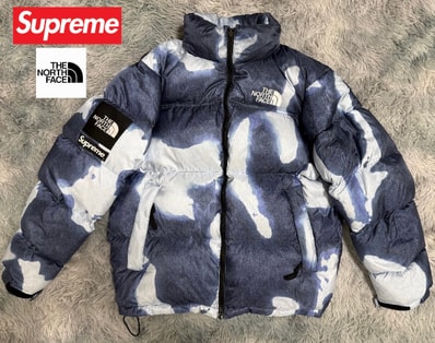 Supreme x The North Face Bleached Denim Print Nuptse Jacket "Indigo"