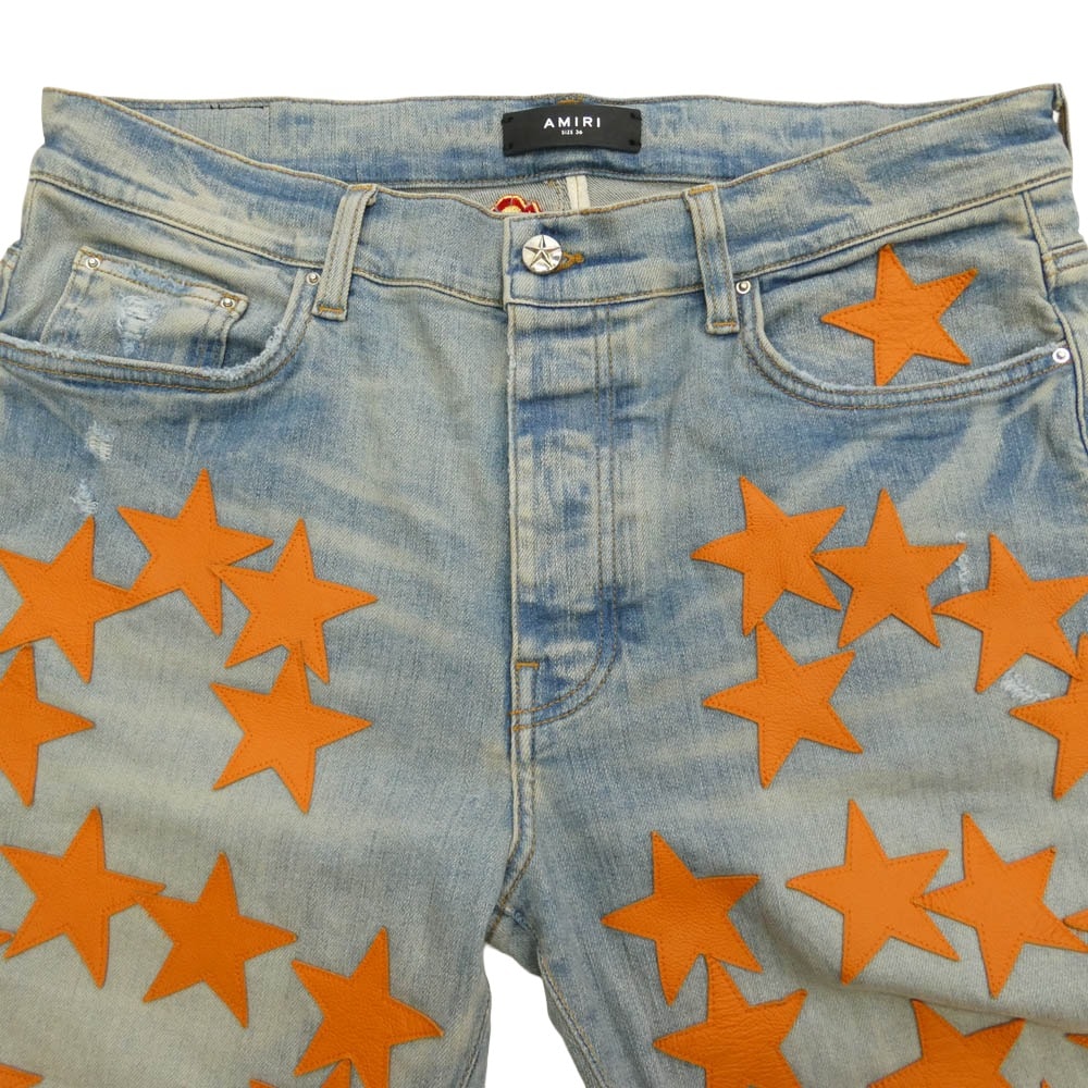 AMIRI x chemist スキニーデニム オレンジ星型パッチ D (傷や汚れあり)】AMIRI アミリ CHEMIST STAR JEANS ケミスト