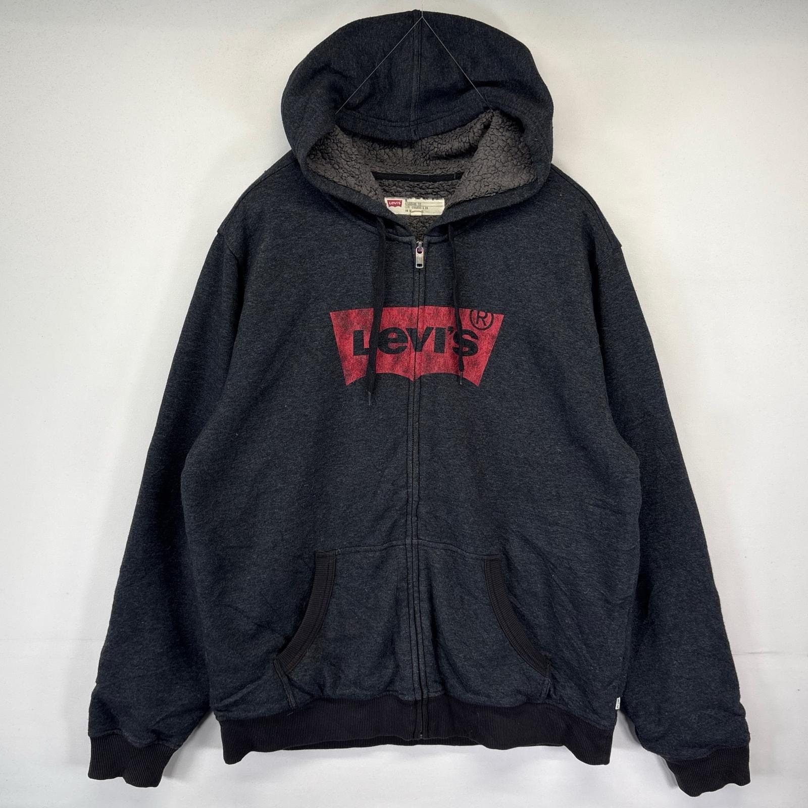 古着 リーバイス Levi's パーカー フルジップ 裏地ボアフリース ビッグロゴプリント 大きいサイズ XL  ダークグレー系 メンズ