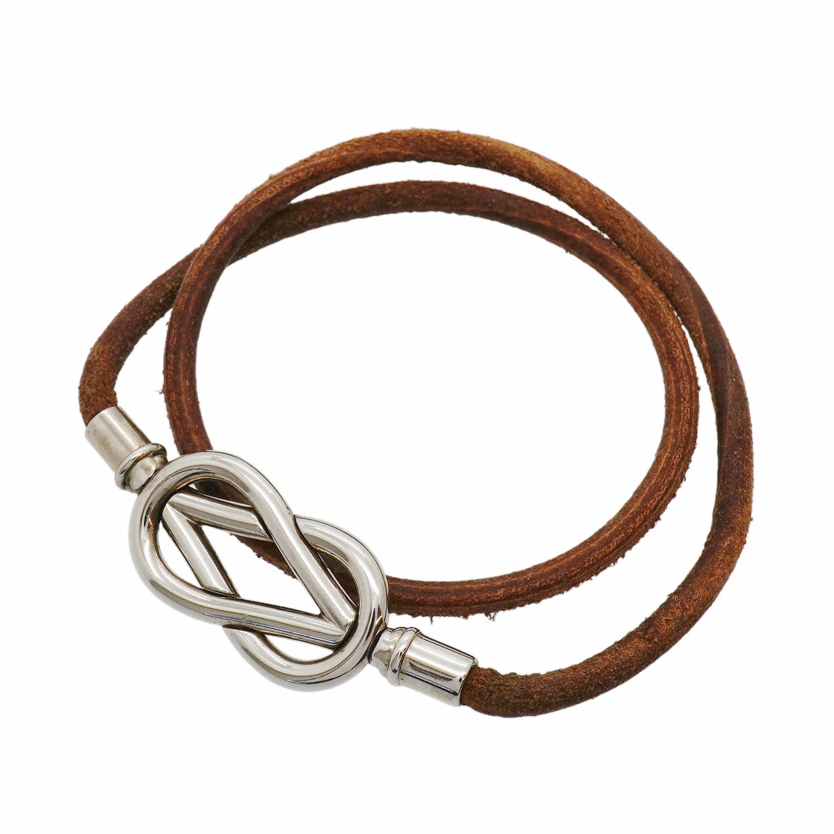 ★SALE【6jhb0052-k】エルメス ブレスレット アタメ メタル レザー シルバー ブラウン【中古】レディース