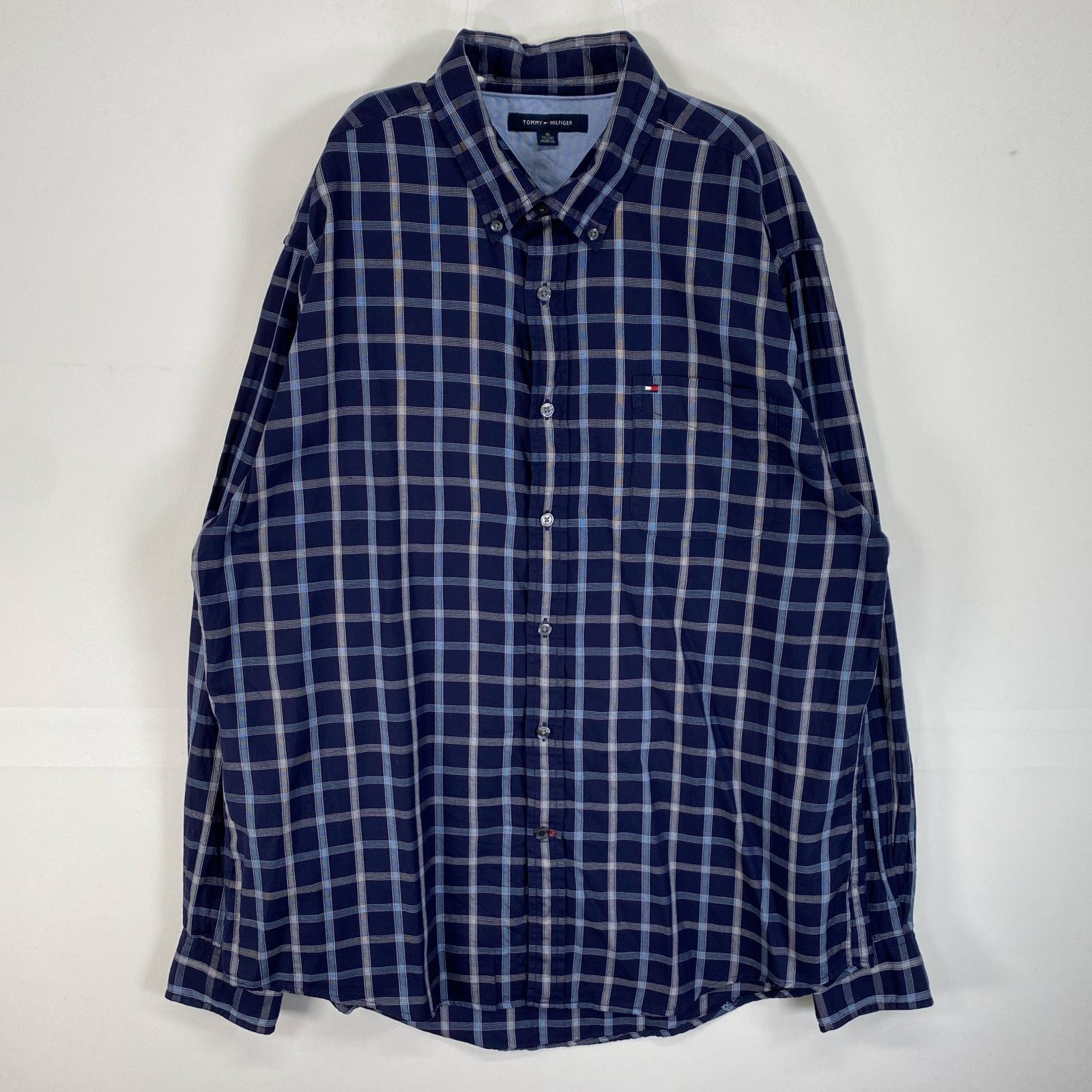 古着 トミーヒルフィガー TOMMY HILFIGER 長袖シャツ チェック ロゴ 刺繍 大きいサイズ XL ネイビー系 マルチカラー メンズ