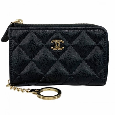 【6db2049】シャネル コインケース マトラッセ キャビアスキン ブラック シャンパンゴールド金具【中古】レディース