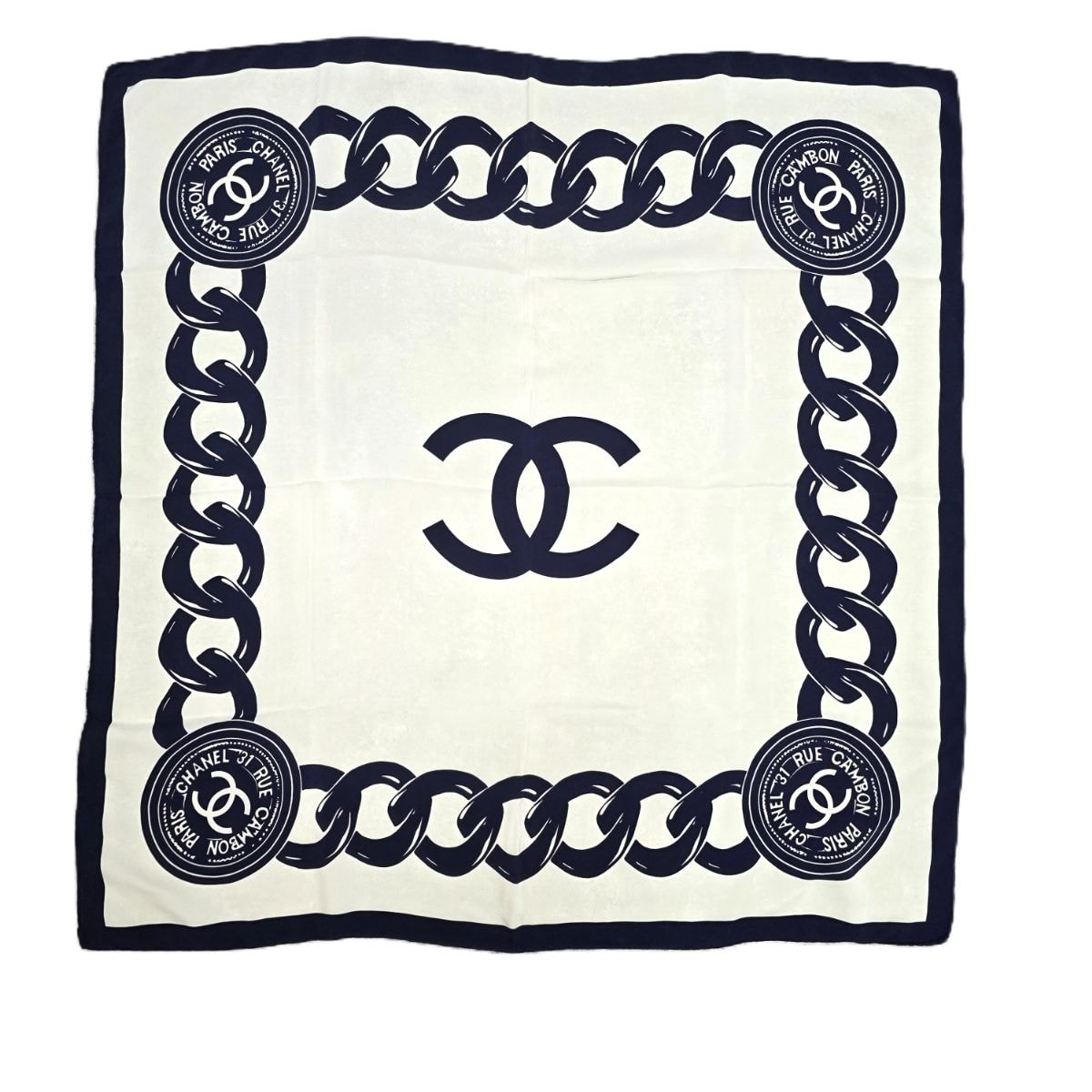 CHANEL シャネル ココマーク チェーン ロゴプリント 大判スカーフ  スカーフ シルク ネイビー オフホワイト  レディース【中古】