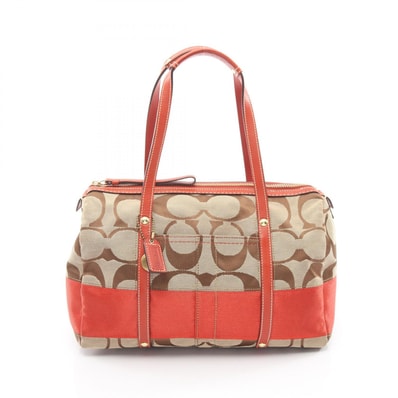 コーチ COACH シグネチャー ハンドバッグ バッグ キャンバス レザー レディース ベージュ系 / レッド系 【中古】