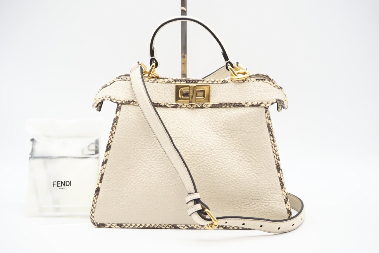 美品 FENDI フェンディ レザー ピーカブー アイシーユー スモール 2WAYハンドバッグ 8BN327 2wayショルダーバッグ アイボリー ブラウン レザー パイソン レディース