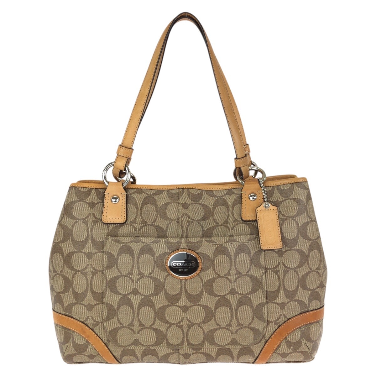 COACH コーチ シグネチャー ブラウン ライトブラウン シルバー金具 PVC レザー/ トートバッグ ショルダーバッグ 602866 【中古】