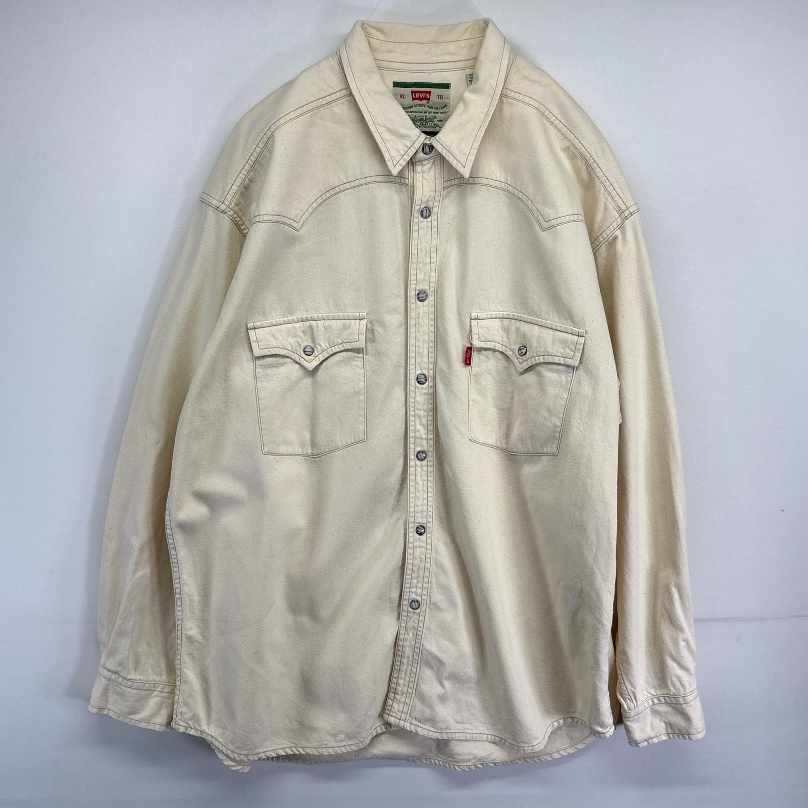 古着 リーバイス Levi's 長袖シャツ ウエスタンシャツ 胸ポケット キャンバス ワンポイントロゴ XL キナリ メンズ