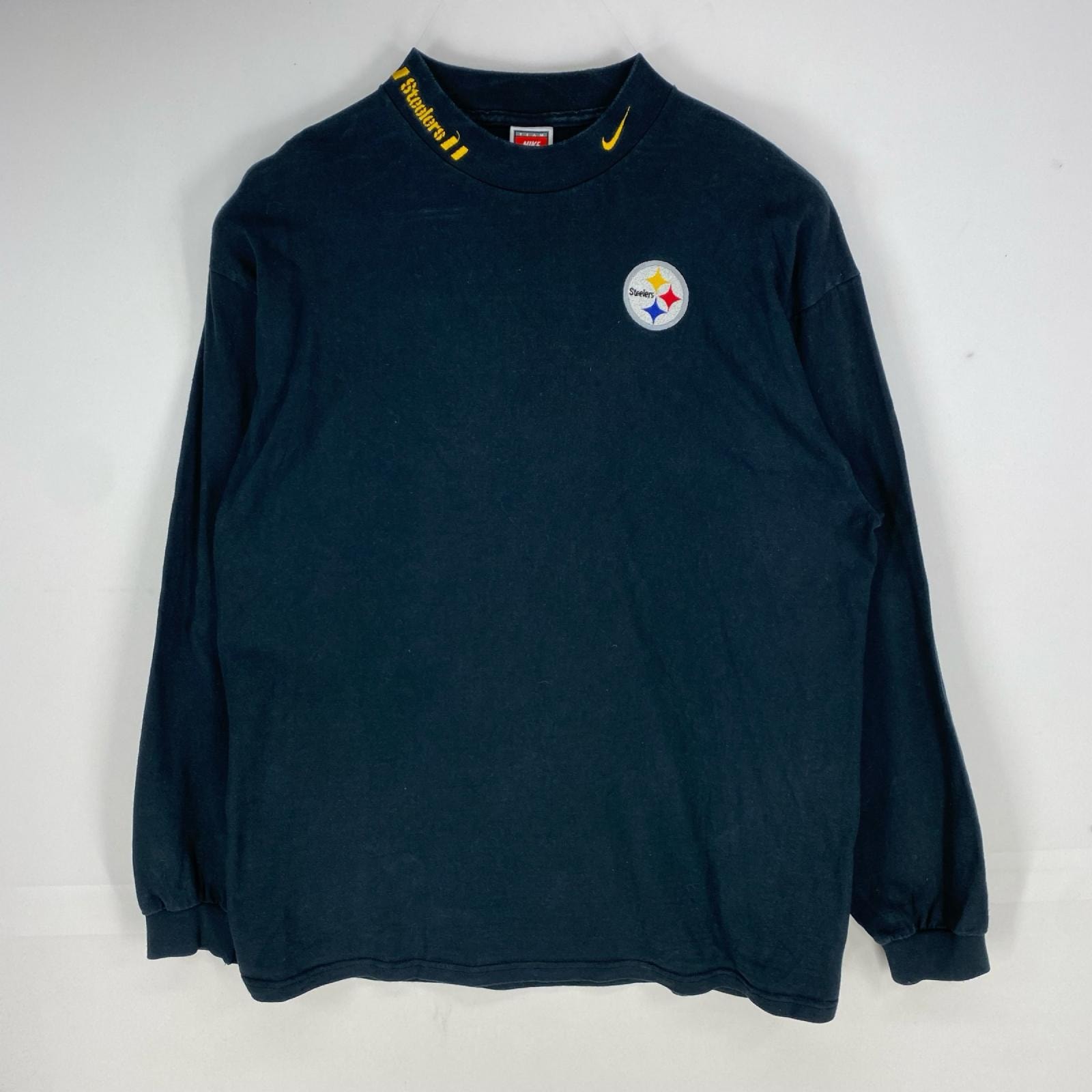 古着 90's/90年代 ナイキ NIKE USA製 長袖Tシャツ Steelers 襟ロゴ 大きいサイズ ロングスリーブ XL  ブラック系 メンズ