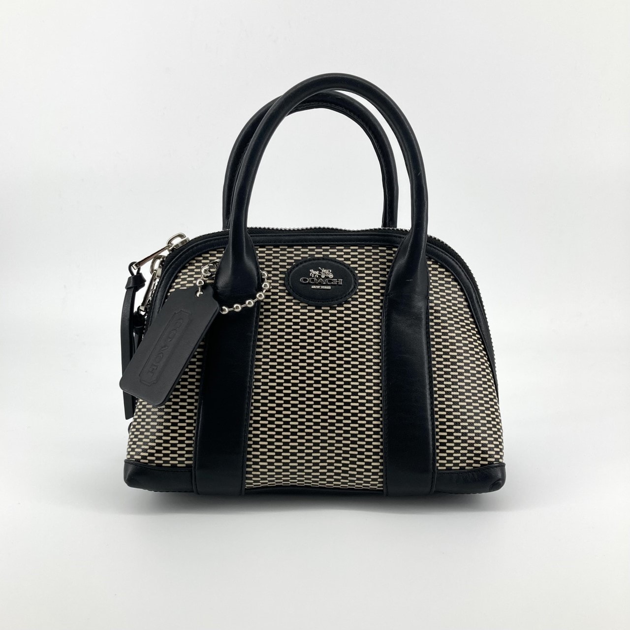 COACH(コーチ) 総柄 シルバー金具 レザー 32275 ハンドバッグ ブラック×ホワイト