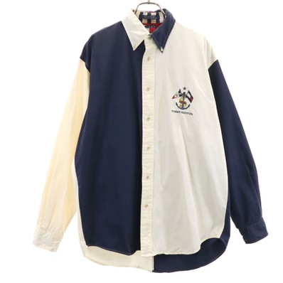 TOMMY HILFIGER トミーヒルフィガー 90s オールド バック フラッグロゴ 長袖 ボタンダウンシャツ S ネイビー