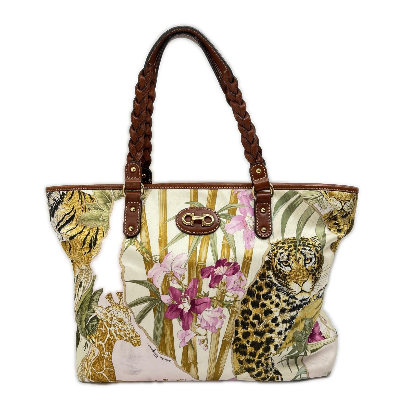 Salvatore Ferragamo サルヴァトーレフェラガモ トートバッグ レザー ナイロン 花柄 アニマル柄 ベージュ