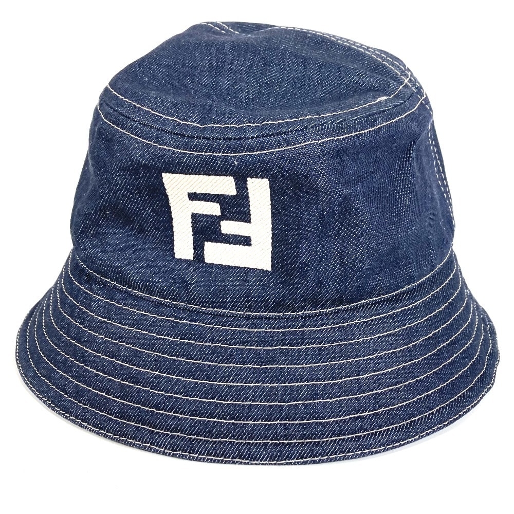 フェンディ FENDI ロゴ FXQ958 デニム ハット帽 帽子 バケットハット ボブハット ハット コットン ブルー 新品同様