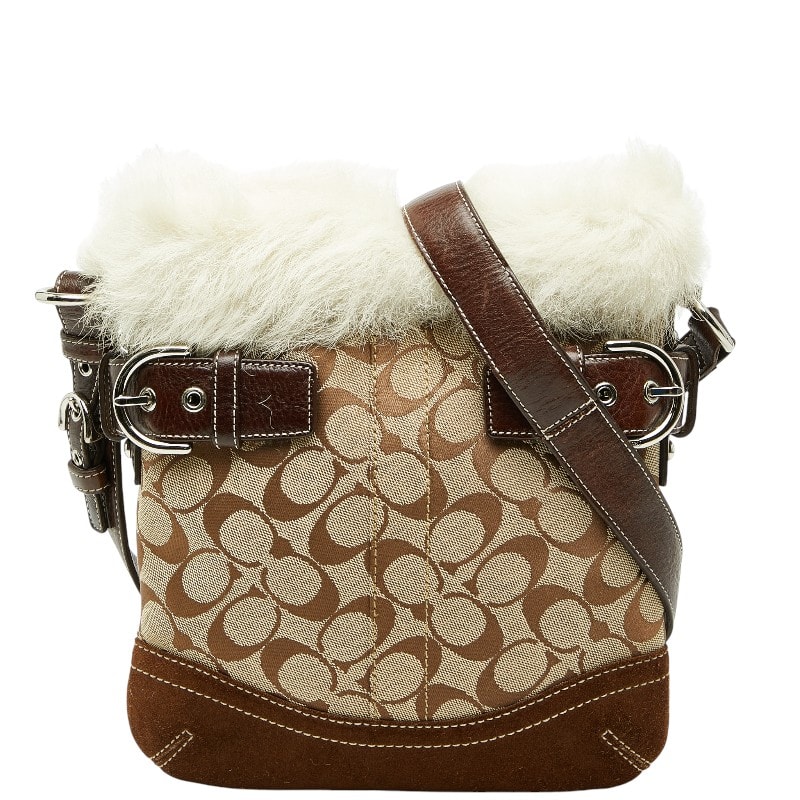 コーチ シグネチャー ファー 斜め掛け ショルダーバッグ ベージュ ブラウン キャンバス レザー スウェード レディース COACH 【中古】