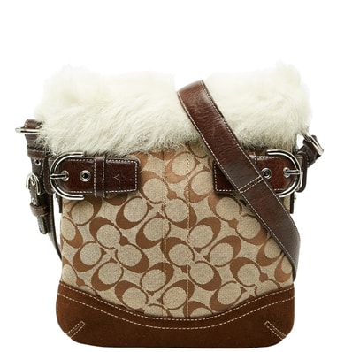 コーチ シグネチャー ファー 斜め掛け ショルダーバッグ ベージュ ブラウン キャンバス レザー スウェード レディース COACH 【中古】
