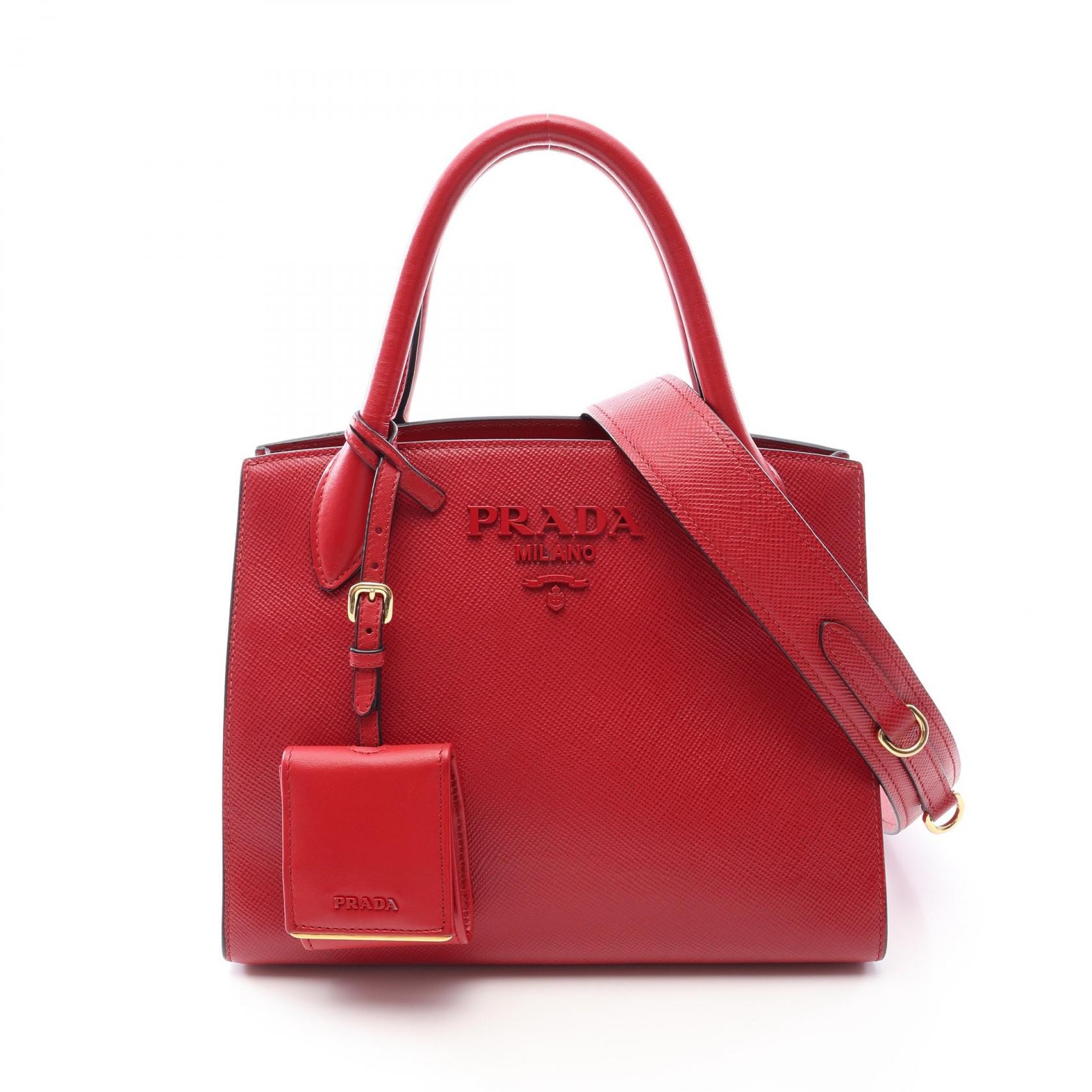 プラダ PRADA モノクローム 2WAY ハンドバッグ バッグ サフィアーノレザー レディース レッド系 【中古】