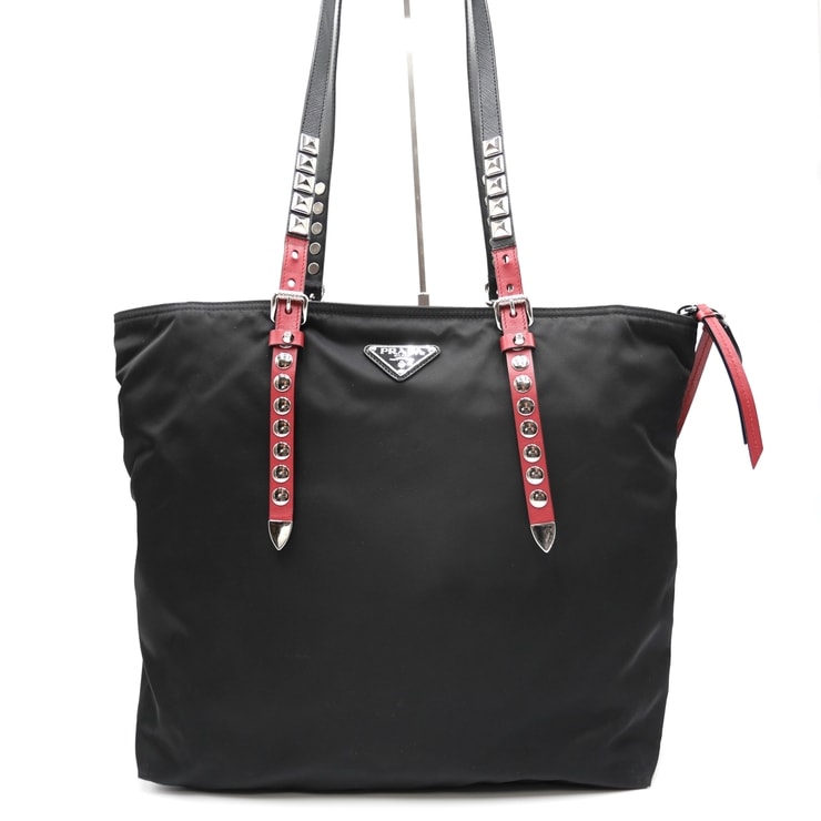 PRADA(プラダ)2WAYナイロントートバッグ スタッズ ブラック×レッド レザー シルバー金具 レディース 1BG260【中古】
