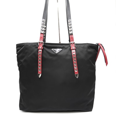 PRADA(プラダ)2WAYナイロントートバッグ スタッズ ブラック×レッド レザー シルバー金具 レディース 1BG260【中古】