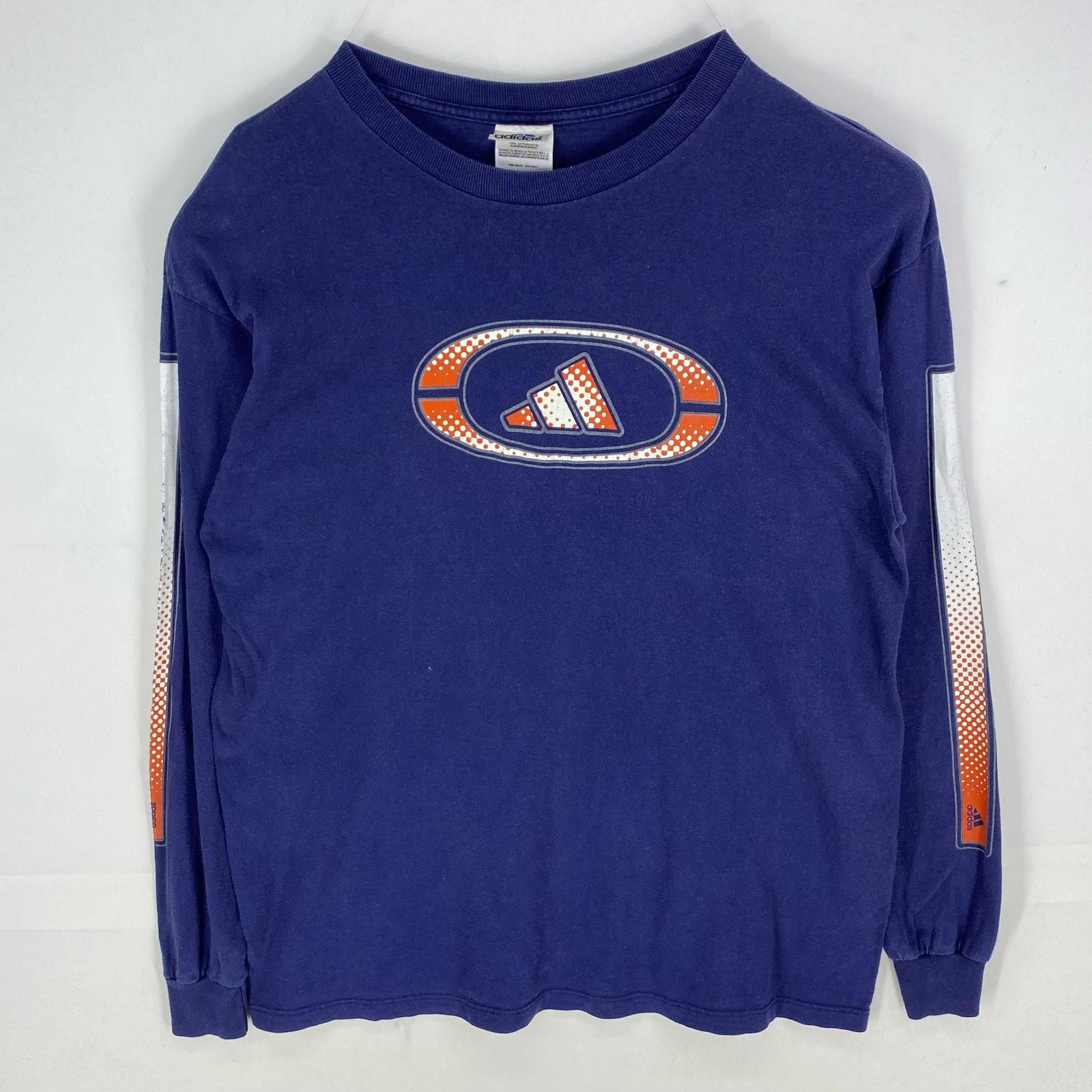 古着 アディダス adidas 長袖Tシャツ プリントロゴ クルーネック 袖ロゴ ロングスリーブ L ネイビー系 プリント メンズ