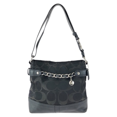 美品 COACH コーチ シグネチャー サテン チェーン ダッフル ブラック 黒 シルバー金具 キャンバス レザー/ ショルダーバッグ 601978 【中古】