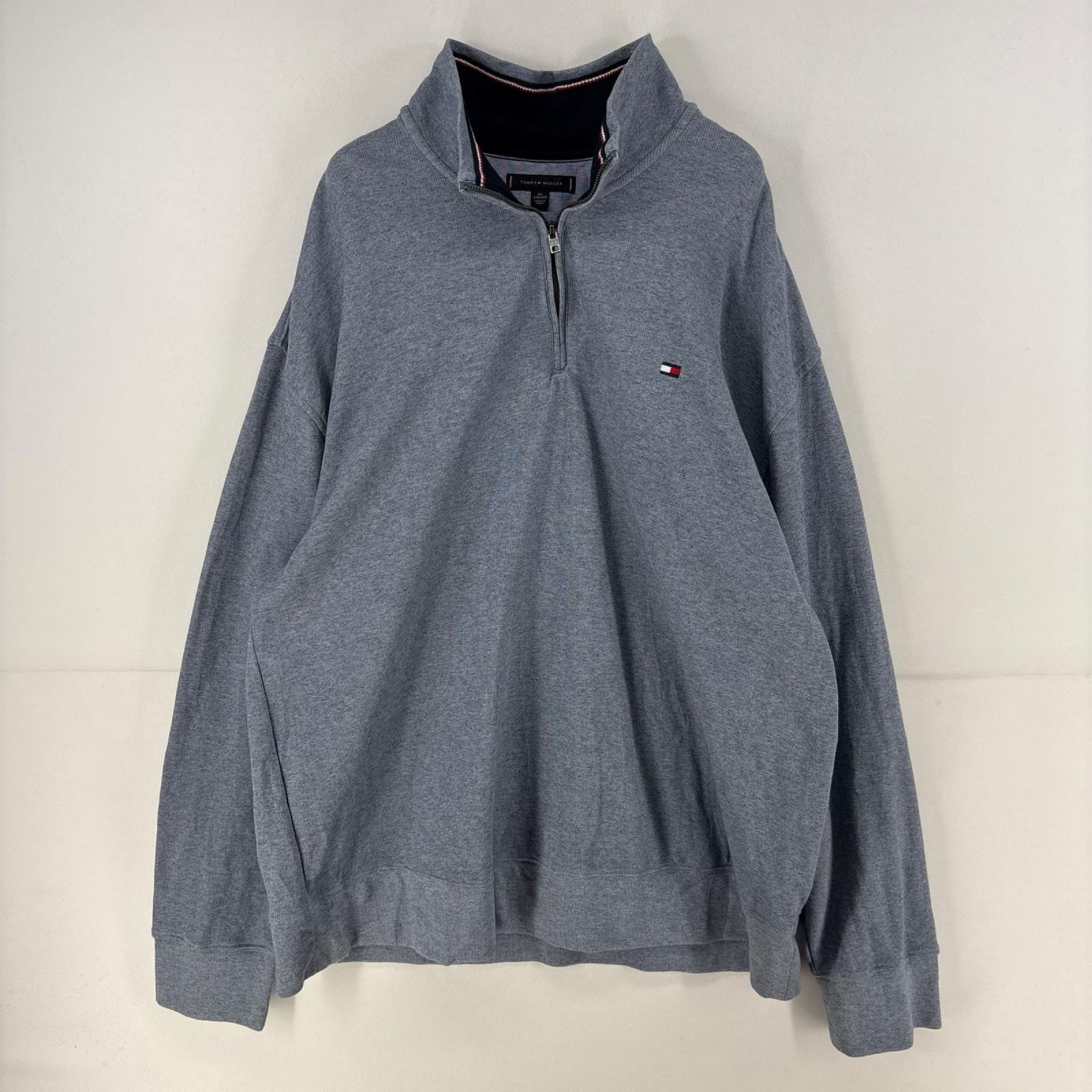 古着 トミーヒルフィガー TOMMY HILFIGER スウェット ハーフジップ プルオーバー 刺繍 トレーナー 大きいサイズ 2XL  ブルー系 メンズ