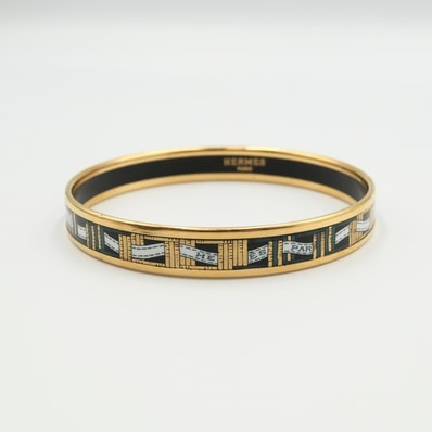 HERMES(エルメス)エマイユPM ヴィンテージ バングル ブレスレット リボン HERMES PARIS グリーン ブラック ゴールド レディース【中古】