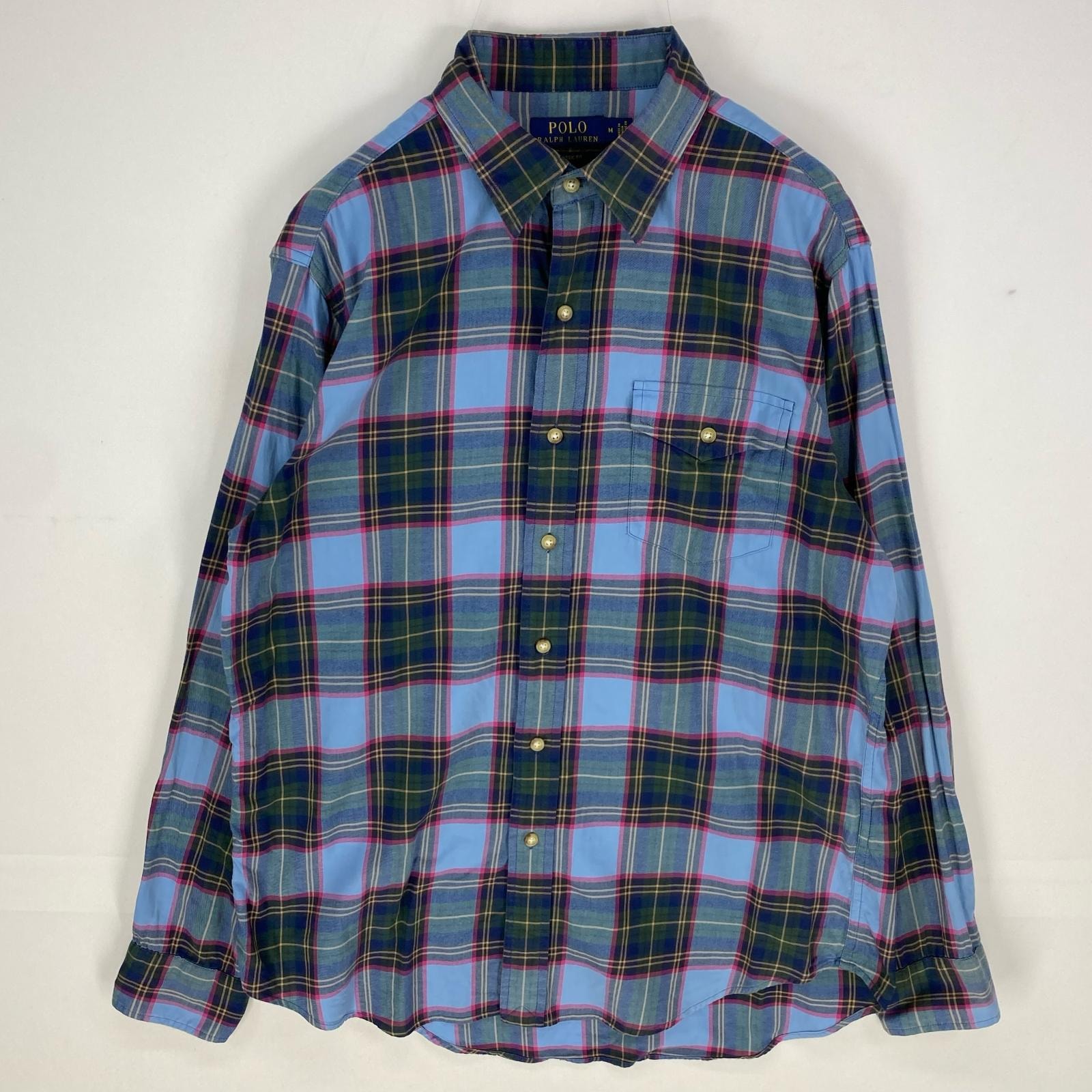 古着 ポロ・ラルフローレン POLO RALPH LAUREN 長袖シャツ 胸ポケット エルボーパッチ ロングスリーブ M  ネイビー系 チェック メンズ