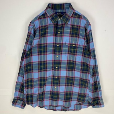 古着 ポロ・ラルフローレン POLO RALPH LAUREN 長袖シャツ 胸ポケット エルボーパッチ ロングスリーブ M ネイビー系 チェック メンズ