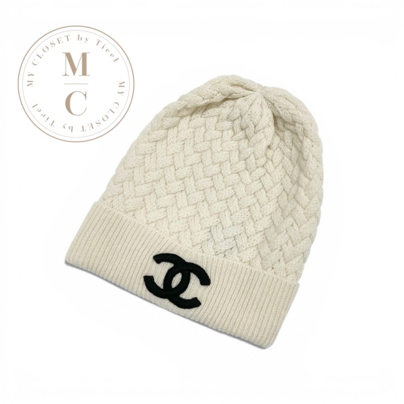 シャネル CHANEL 帽子 カシミヤ ホワイト ブラック ココマーク ニット帽　ビーニー