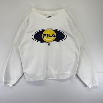 古着 フィラ FILA スウェット トレーナー バックプリント ロゴプリント クルーネック 短丈 ホワイト メンズ