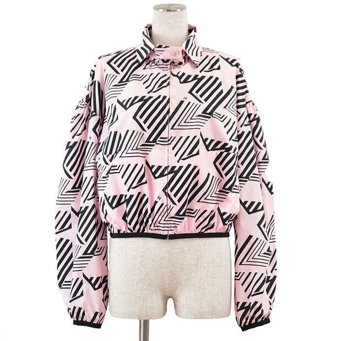 新品同様 シャネル P74300 ナイロン ジップアップ ブルゾン COCOマーク & ジオメトリック 総柄 ジャケット レディース ナイトピンク ブラック 38 CHANEL