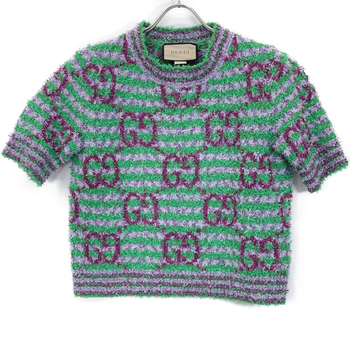 未使用に近い】グッチ 695796 ｸﾞﾘｰﾝ×ﾊﾟｰﾌﾟﾙ ｺｯﾄﾝ ﾏｷｼGG 半袖ﾆｯﾄ Sの