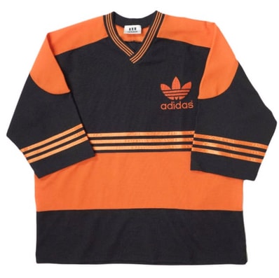 adidas アディダス 90s オーバーサイズ ゲームシャツ XL-2XL程度 ORANGE/BLACK ビッグトレフォイルロゴ 七分袖 Tシャツ トップス g11332
