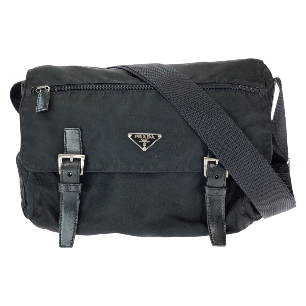美品 PRADA プラダ テスート 三角ロゴプレート ブラック 黒 シルバー金具 ナイロン レザー/ ショルダーバッグ メッセンジャーバッグ 603308 【中古】