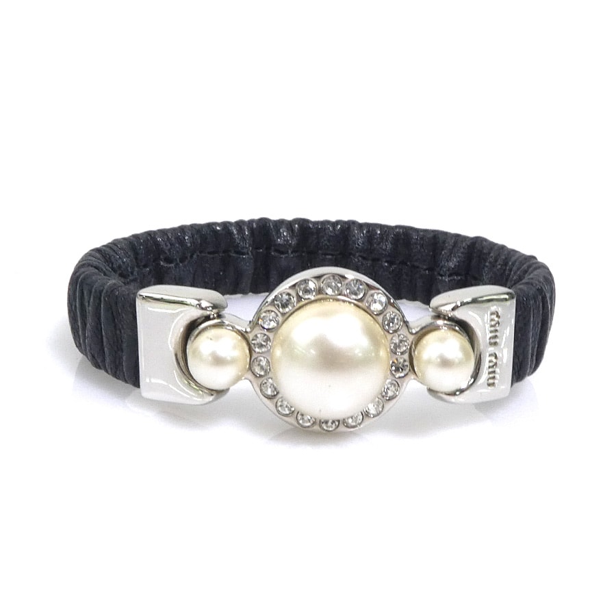 ミュウミュウ MIUMIU ブレスレット レザー/フェイクパール/ラインストーン ブラック/ホワイト レディース【中古】 r11375b