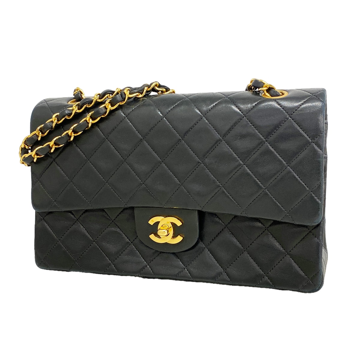 ★SALE【6id5261】シャネル ショルダーバッグ マトラッセ Wフラップ Wチェーン ラムスキン ブラック ゴールド金具【中古】レディース